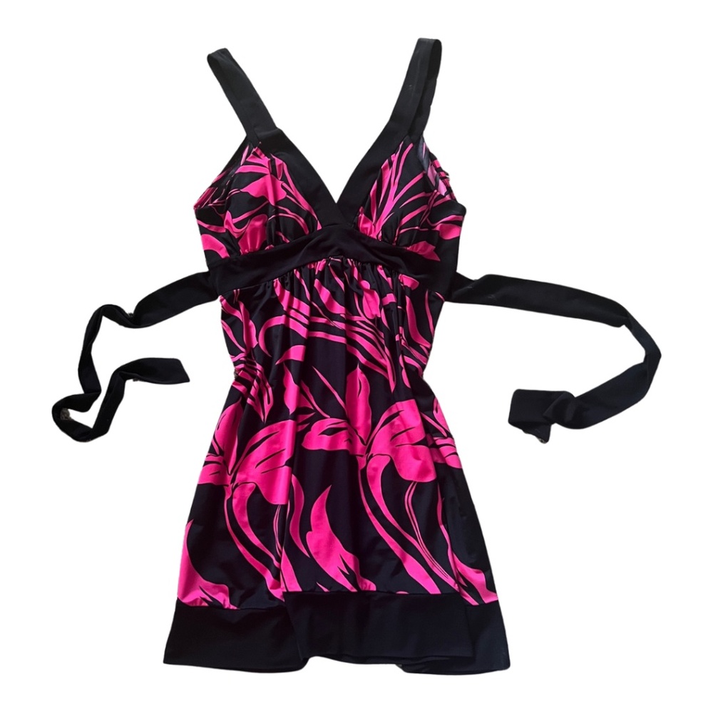 Stunning Pink and Black Floral Print Dress - Size L